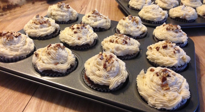 German chocolate cupcakes with coconut caramel buttercream frosting